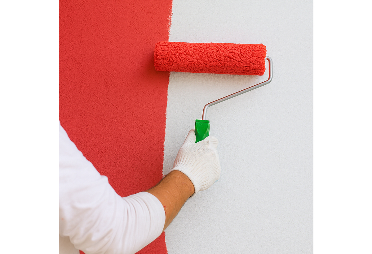 Απεικονίζεται εφαρμογή του ασταριού σε τοίχο με τη χρήση βούρτσας.